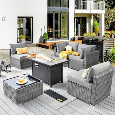 XIZZI 6-piece Patio Furniture Set Outdoor Sectional Rattan Sofa with Firepit