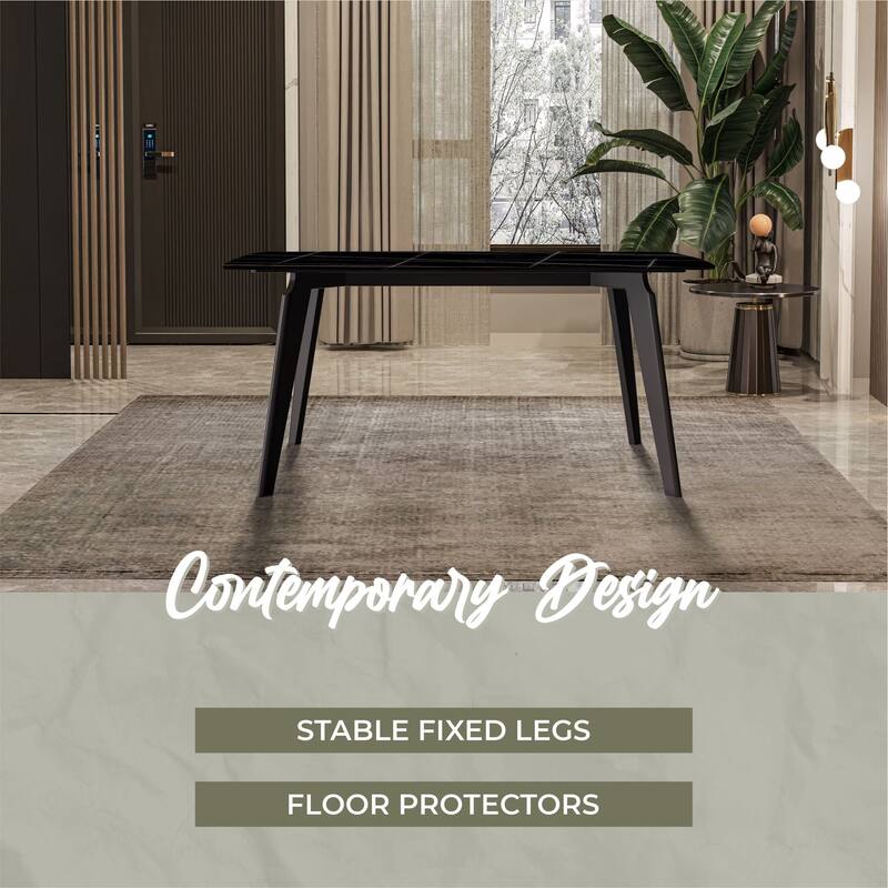 Krevor Modern Dining Table with Rectangular Sintered Stone or Glass Wide Tabletop and Black Steel Base