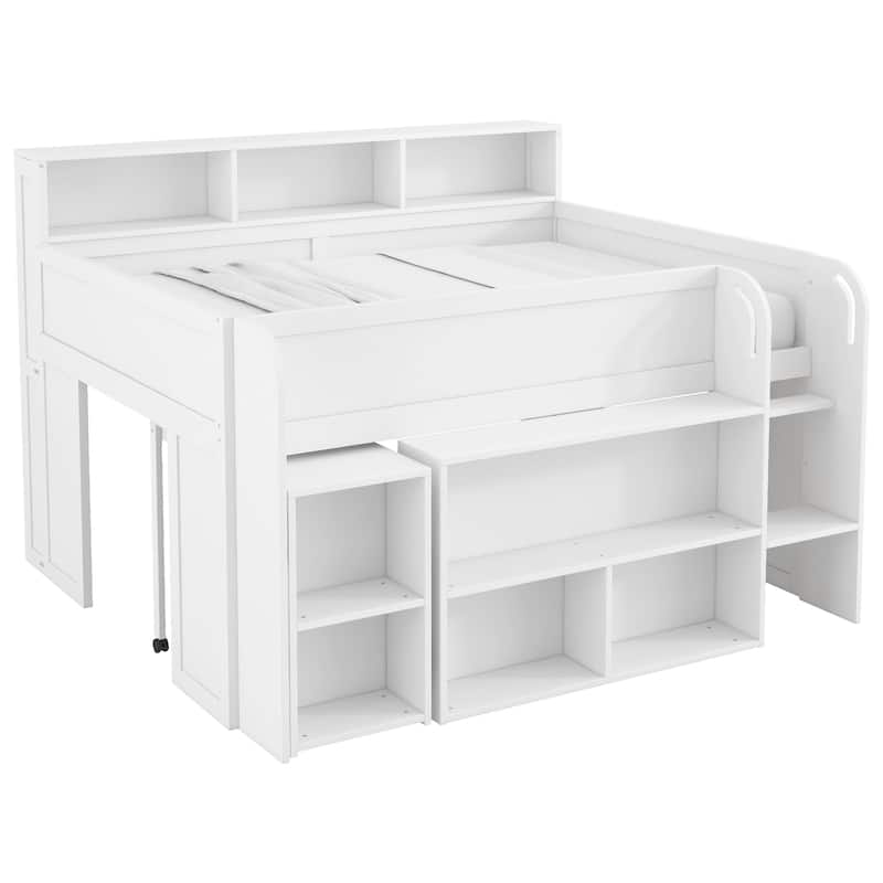 Full Size Wood Kids Loft Bed Frame with Pull-out Desk, Multiple Storage Bookshelf Built-in LED