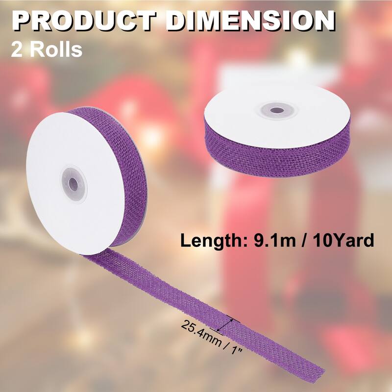 Burlap Fabric Ribbon 2pcs Jute Crafts Roll Wrapping - Purple - 1 Inch x 10 Yards