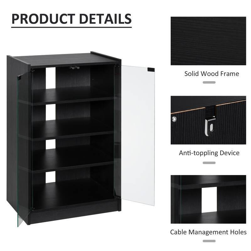 5-Tier Media Stand Cabinet with 3-Level Adjustable Shelves, Tempered Glass Doors, and Cable Management, Distressed Black