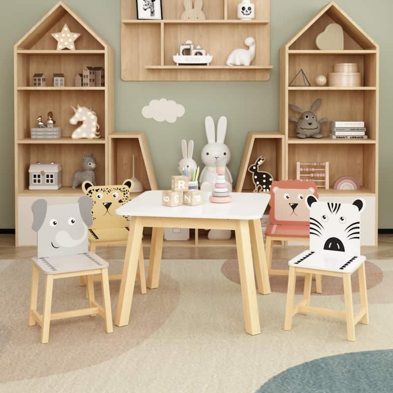 Anmytek 5-Piece Kids Table and Chair Set with Animal Themed Chairs, Solid Wood Children's Furniture for Playroom