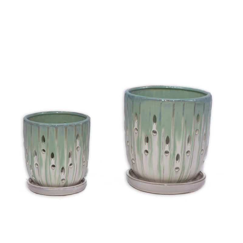 Set of 2 Ceramic Flowerpot with Drainage Hole, 8" Modern Planter for Patio, Garden, Windowsill - White+Green