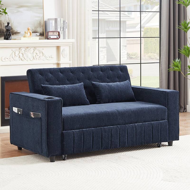 61.4" Convertible Blue Chenille Sofa Bed with Adjustable Backrest