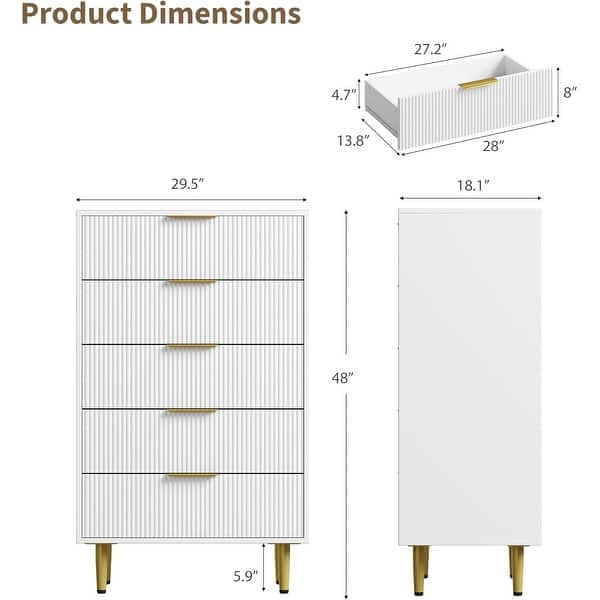 dimension image slide 12 of 15, Modern Natural Wood Color Fluted Dresser, Wooden Chest with Gold Metal Handles & Legs