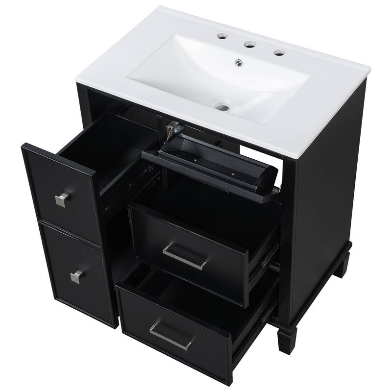 30" Bathroom Vanity with Ceramic Sink, Flip-Out Drawer, Soft Close Doors & Drawers Cabinet with Solid Wood Legs