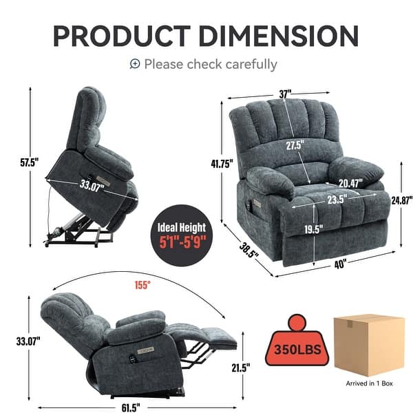 dimension image slide 1 of 3, Chenille Power Lift Recliner Chair with Vibration Massage and Heating