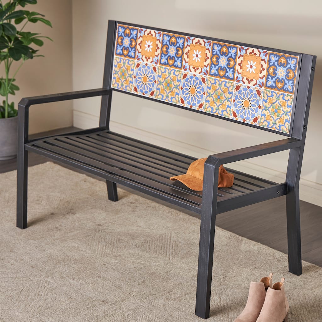 Black or White Metal Mosaic Floral and Scroll Outdoor Bench with Orange and Blue Patterns