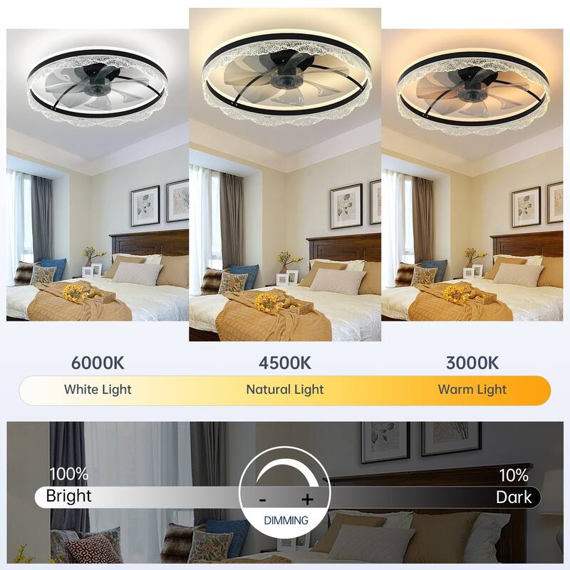 24" Quiet Ceiling Fan with Light - LED Crystal Flush Mount Fan Lamp with Hidden Blades and Natural Airflow - Black