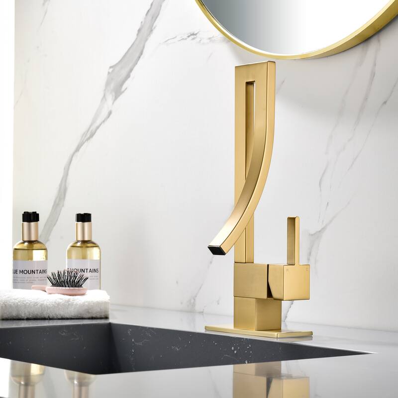 13.5"H Solid Brass Creative Design Single Handle Waterfall Bathroom Sink Faucet with Pop-Up Drain Assembly