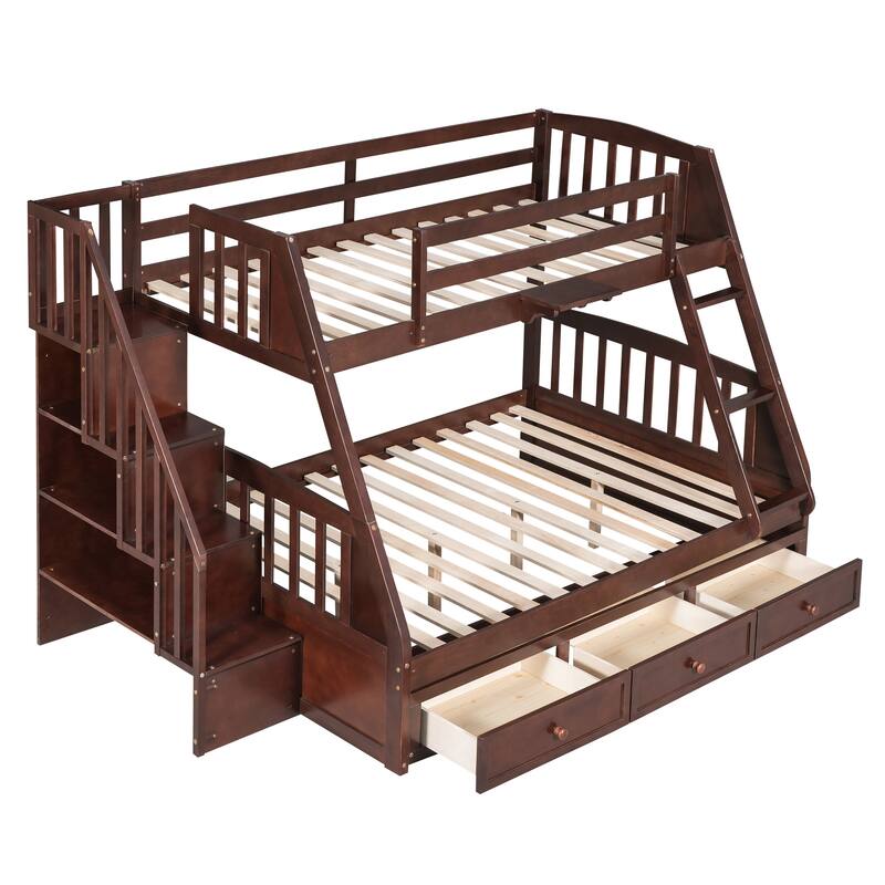 Twin Over Full Bunk Bed with Drawers, Ladder, and Storage Staircase