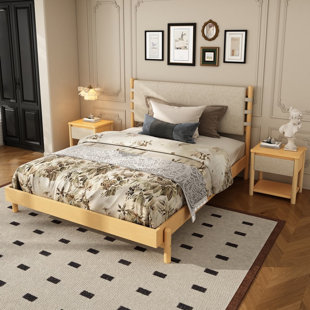 Modern Solid Wood Bed Frame Set with 2 Nightstands, Low Profile Platform Bed with Headboard and Matching Bedside Tables