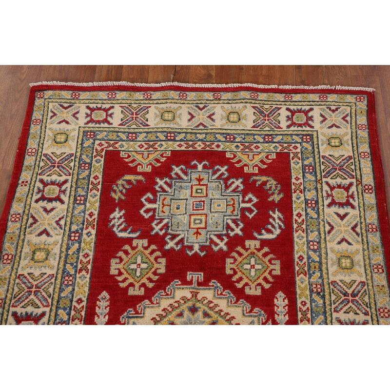 Red Kazak Oriental Accent Rug Hand-Knotted Geometric Wool Carpet - 3'4"x 5'0"