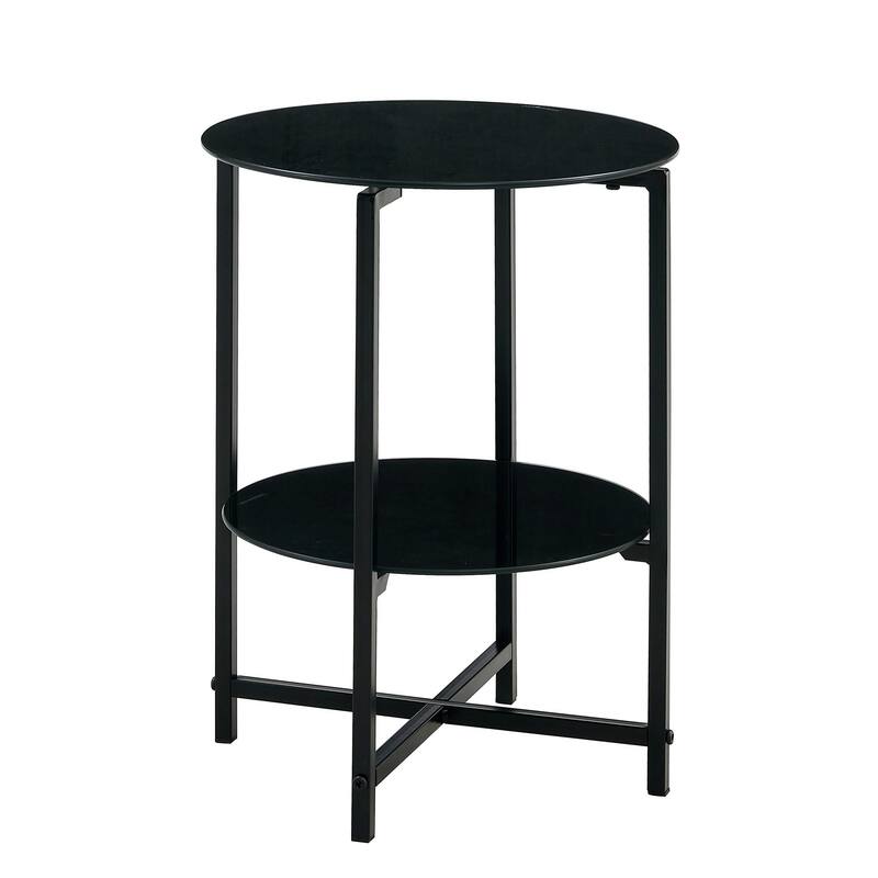 2-layer Round Tempered Glass End Table/Coffee Table with Iron Frame - Black