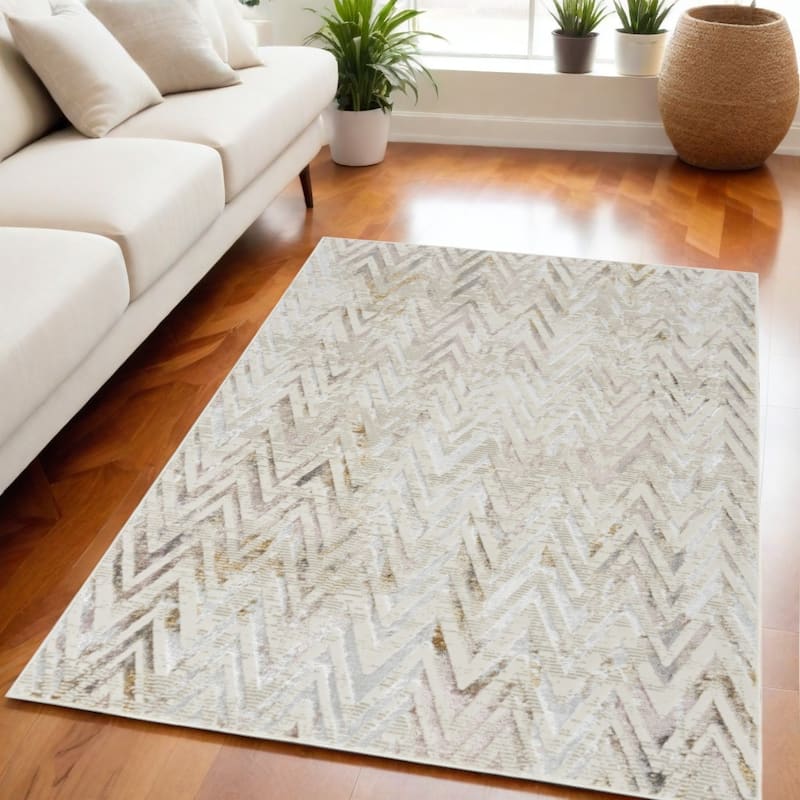 Kehag Power Loomed Distressed Modern Non Skid Stain Resistant Area Rug By HomeRoots - 87' X '63' X '0.39 - 87' X '63' X '0.39 - Cream/Onyx - Rectangle