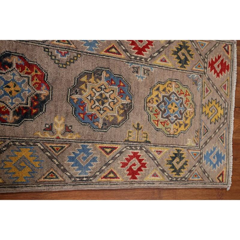 Geometric Brown Kazak Oriental Runner Rug Hand-Knotted Wool Carpet - 1'11" x 5'11"