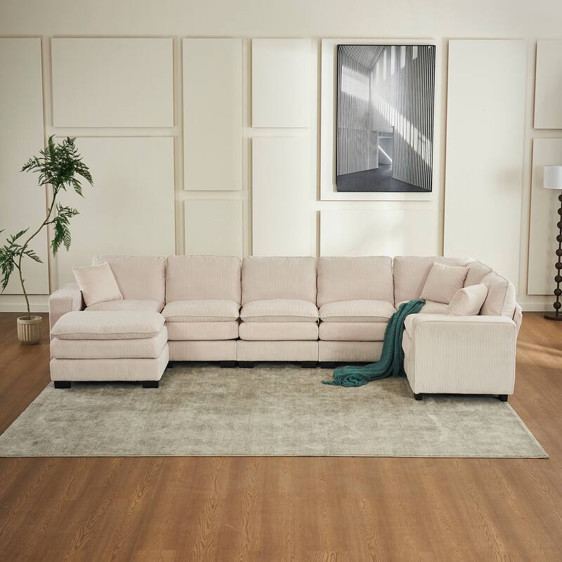 Modern U Shaped 6-seat Sectional Corduroy Sofa Couch with one Ottoman and three toss pillows ,Modular Sofa for Living Room - Beige