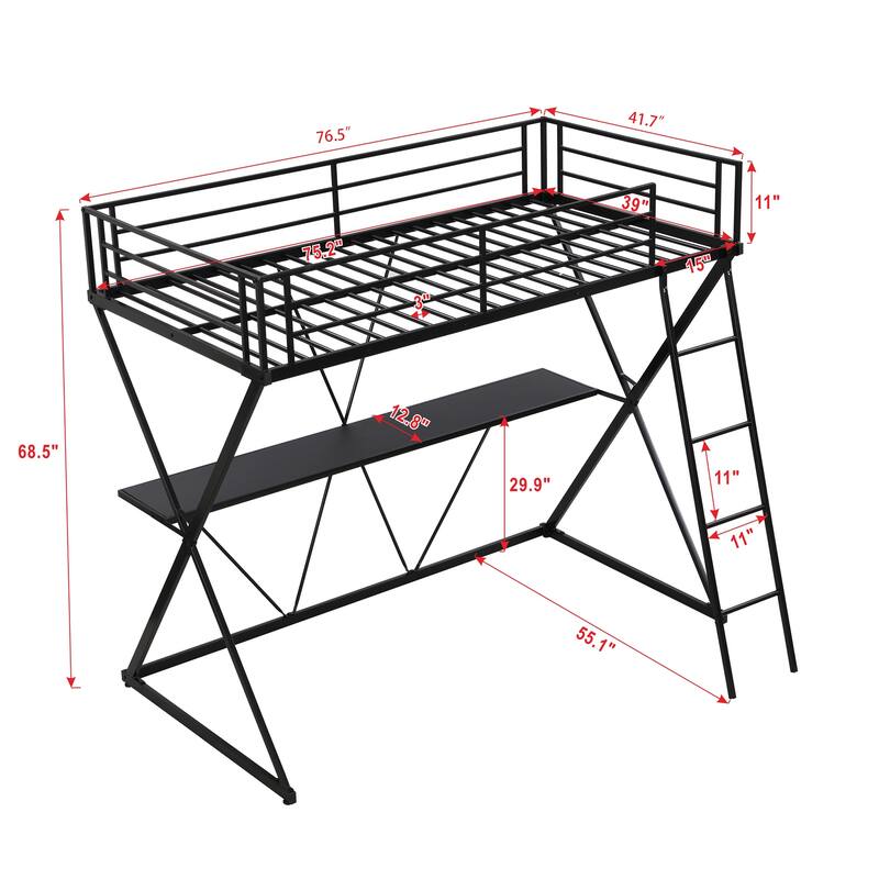 Industrial Style Twin Size Loft Bed with Desk, Ladder and Full-Length Guardrails Top Bunk, X-Shaped Metal Frame Support