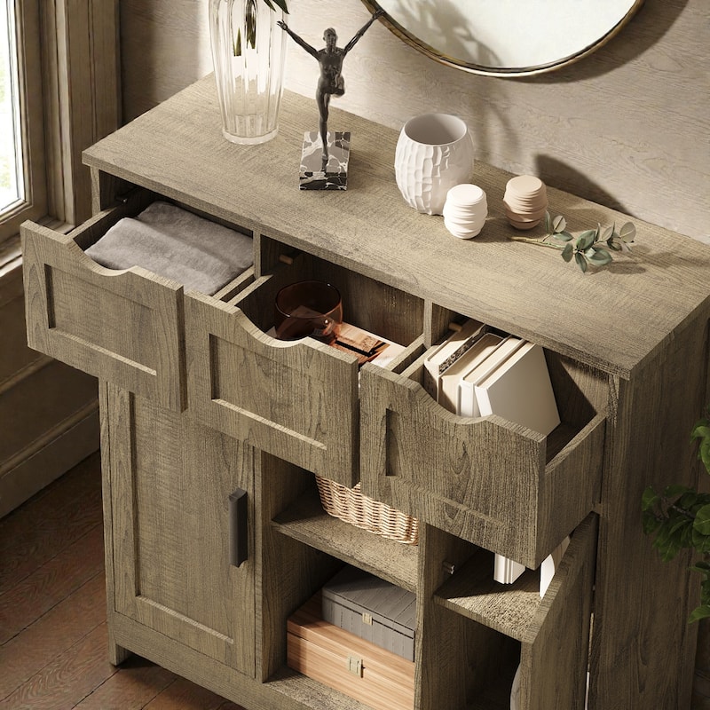 Wooden Storage Cabinet with Drawers and Adjustable Shelves, Floor Accent Cabinet for Living Room Bedroom
