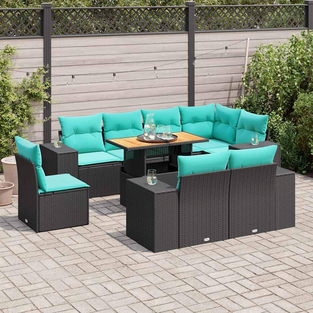 vidaXL 9 Piece Patio Sofa Set with Cushions Black Poly Rattan - 21.7 x 24.4 x 27.2