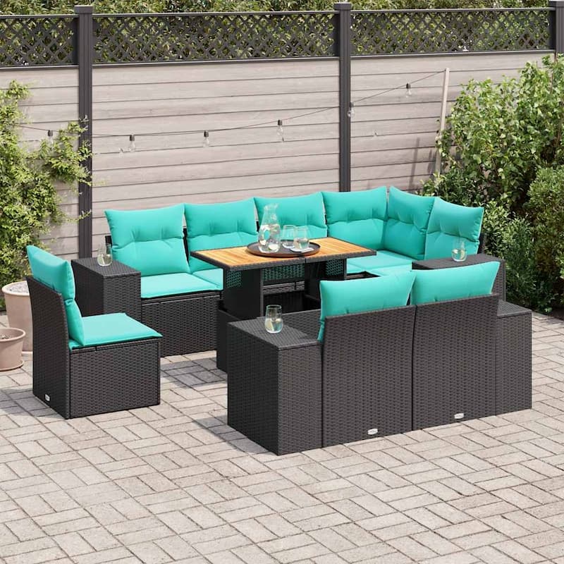 vidaXL 9 Piece Patio Sofa Set with Cushions Black Poly Rattan - 21.7 x 24.4 x 27.2