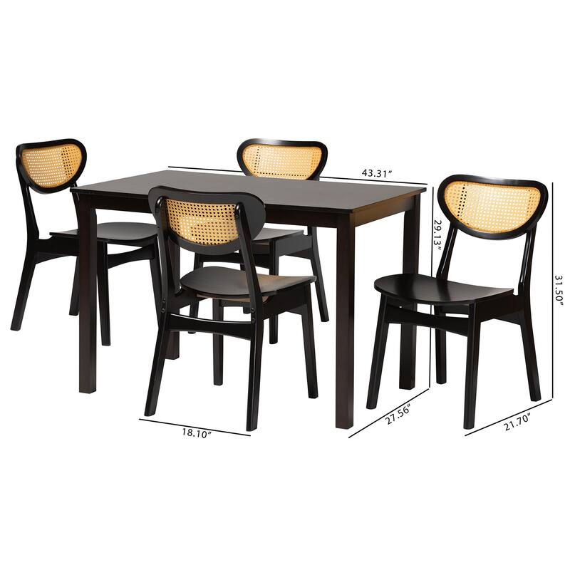 Jeriah Mid-Century Wood and Woven Rattan 5-Piece Dining Set