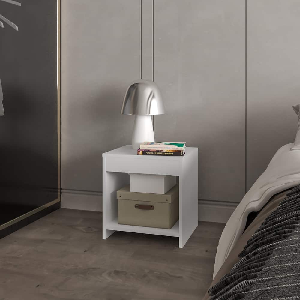Modern Nightstand with Lower Shelf, White, Compact and Durable