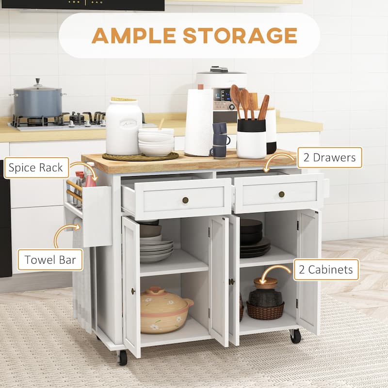 Distressed White Kitchen Island Cabinets with Storage Drawers and Spice Rack Towel Bar - 43.75" W x 17.5" D x 32.5" H
