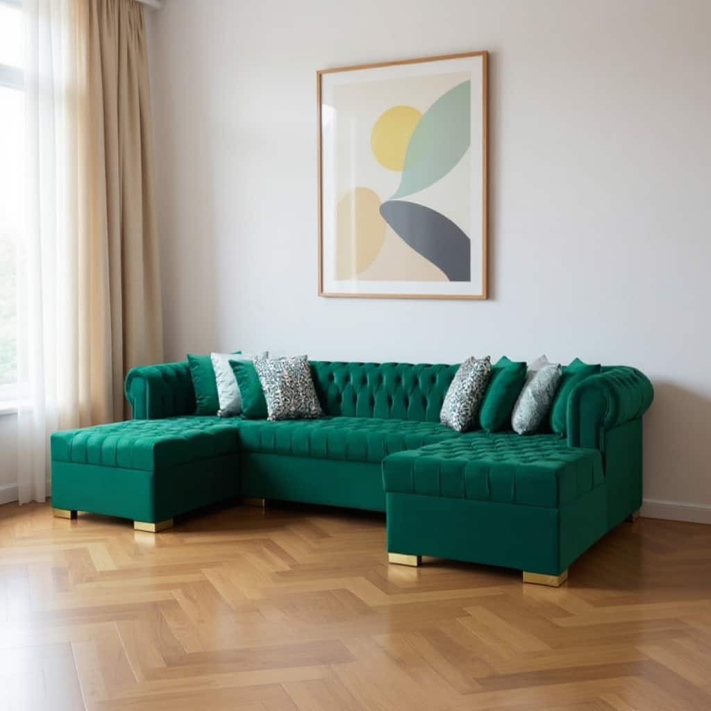 HomeRoots Green Velvet U Shaped Three Piece Sofa and Chaise Sectional With Toss Pillows