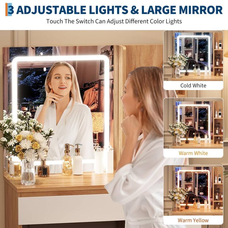 Vanity Desk with LED Mirror, Charging Ports, Storage Stool, Drawers, Hair Dryer Holder