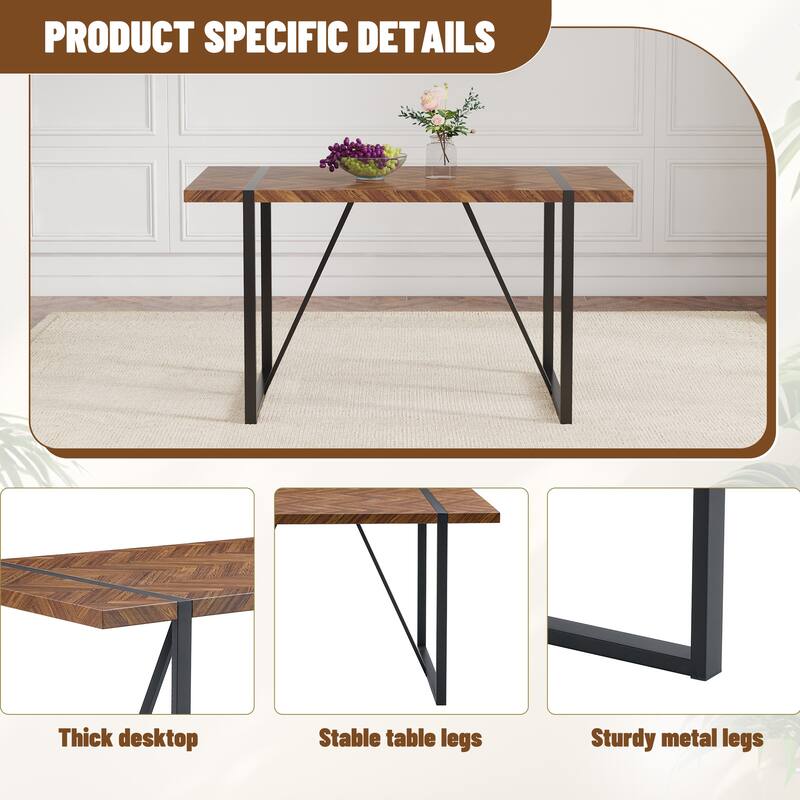 A minimalist retro rectangular dining table with a specially textured top and black metal legs