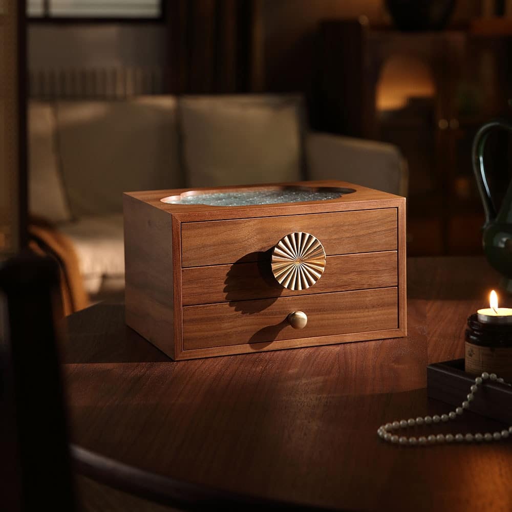 Walnut Color Pull-Out with Brass Handles and Glass Skylight 3-Tiered Jewelry Box - 10.24