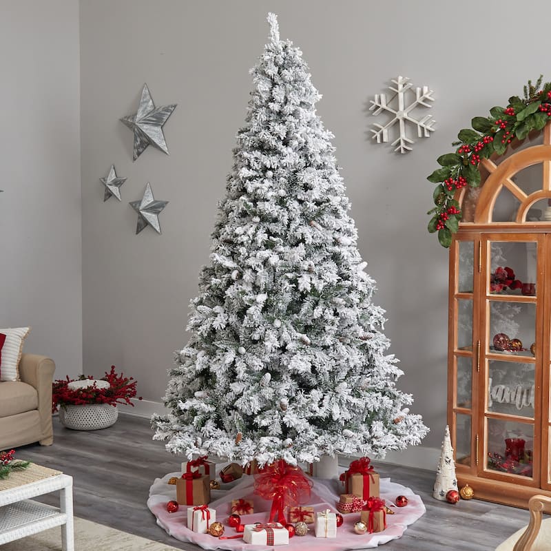 9' Pre-Lit Flocked White River Mountain Artificial Christmas Tree, Clear LED Lights - 9 Foot