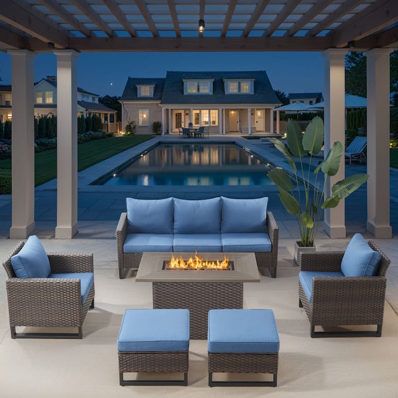 Outdoor Fire Pit Table with Patio Funiture - Brwon Wicker Blue Cushion - 6PCS Sofa Chair w/ Fire Table