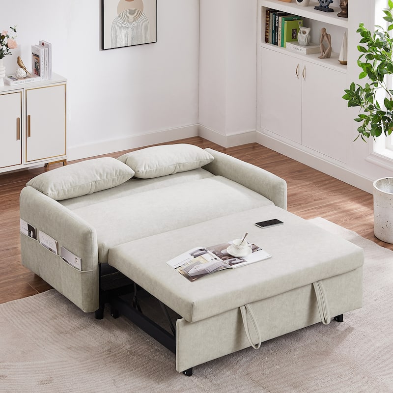 3-in-1 Pull Out Sofa Bed, Couch Bed with Adjsutable Back and Storage Pockets, 2 Seater Sofa with 2 Soft Pillows and USB Ports