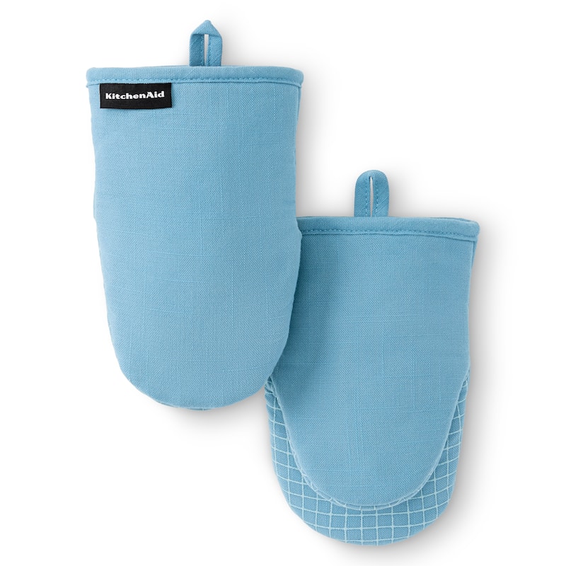 KITCHENAID Gourmet Series Gridlines Mini Oven Mitts 2-Pack Set, Heat Resistant up to 600°F, Soft Silicone Grip, Magnetic Cuff - Blue Velvet