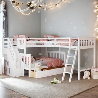 White 3-in-1 Twin over Twin L-Shaped Bunk Bed with Ladder, Staircase and 3 Drawers