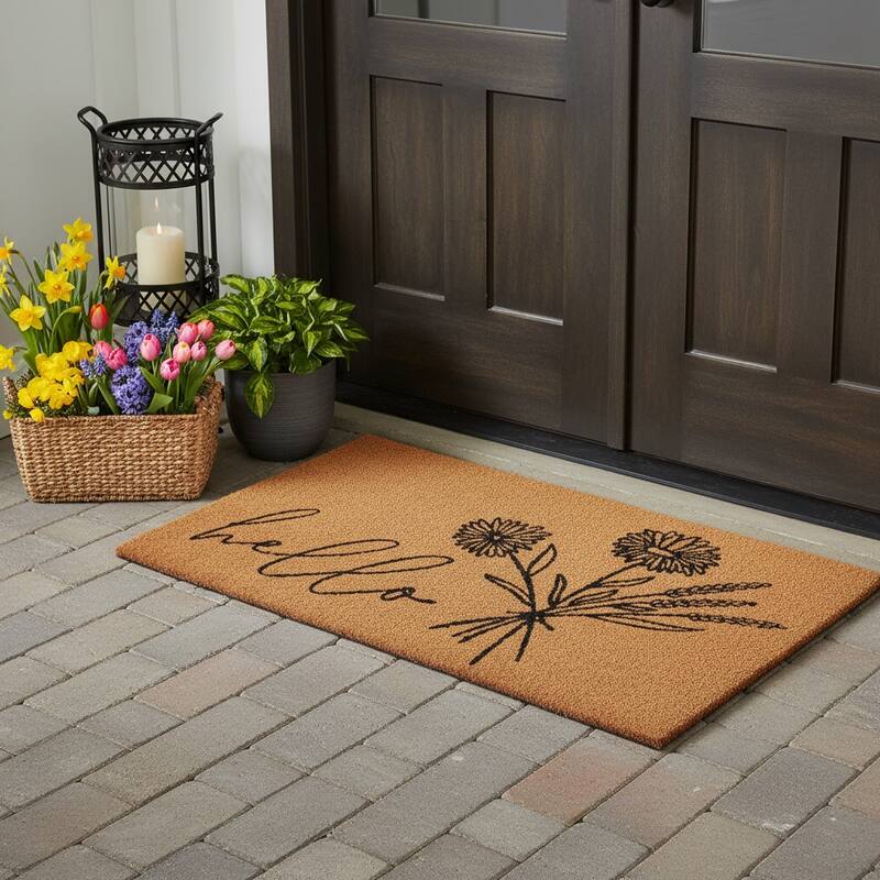 HomeRoots 24" X 48" Brown And Black Floral Hello Outdoor Coir Door Mat - 24.00' X '48.00 - 24.00' X '48.00