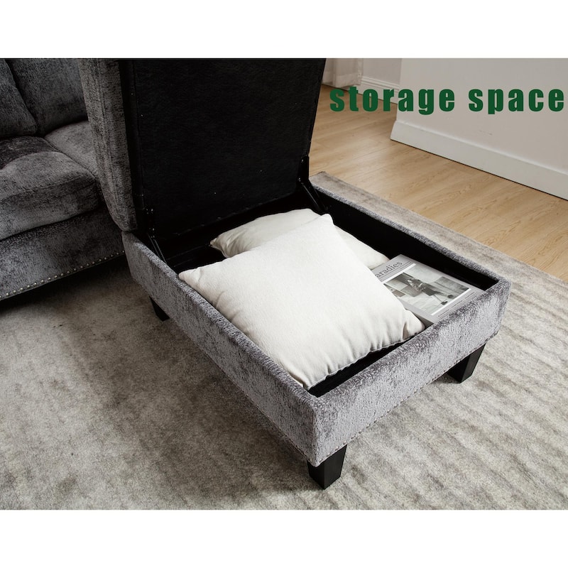 5 Seat Modular Convertible Sectional L Shaped Sofa with Storage Ottoman, Gray, Chenille