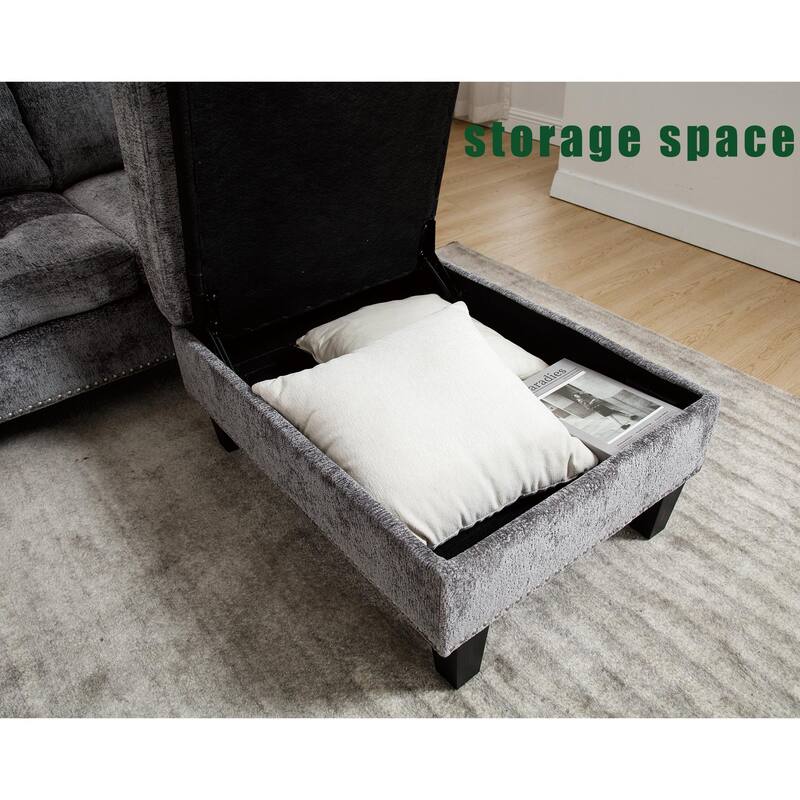 Contemporary Modular Sectional Sofa with Chenille Upholstery and Storage Ottoman for Living Room or Guest Room