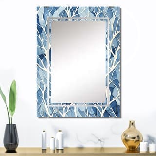 Designart "Windy White And Blue Tree Beauty III" Tree Mirror Blue - Modern Large Wall Mirror For Bathroom