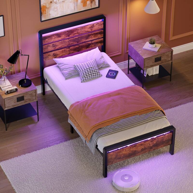 Bed Frame with LED Light and Charging Station, Metal Platform Bed with Wood Headboard
