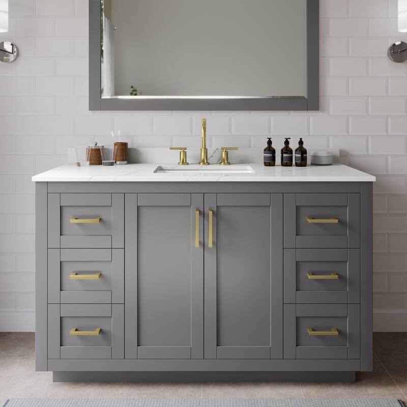 Wyndham Collection WCF292954S-QTZ-US3MXX Miranda 54" Free Standing - Dark Gray / Giotto Quartz Top / Brushed Gold