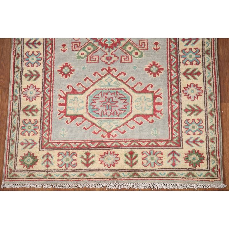 Hand Knotted Oriental 100% Wool Carpet Traditional Geometric Greys & Charcoal Kazak Area Rug - 6' 0'' X 2' 9''