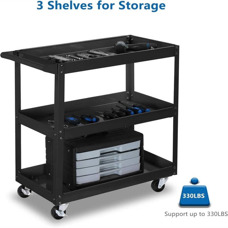 3 Tier Rolling Tool Cart, 330 Lbs Capacity, with Ergonomic Handle - 28.7"D x 14.2"W x 29.1"H