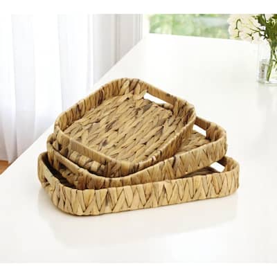 HomeRoots Set of Three Natural Water Hyacinth Rectangular Basket Trays - Small/Medium/Large