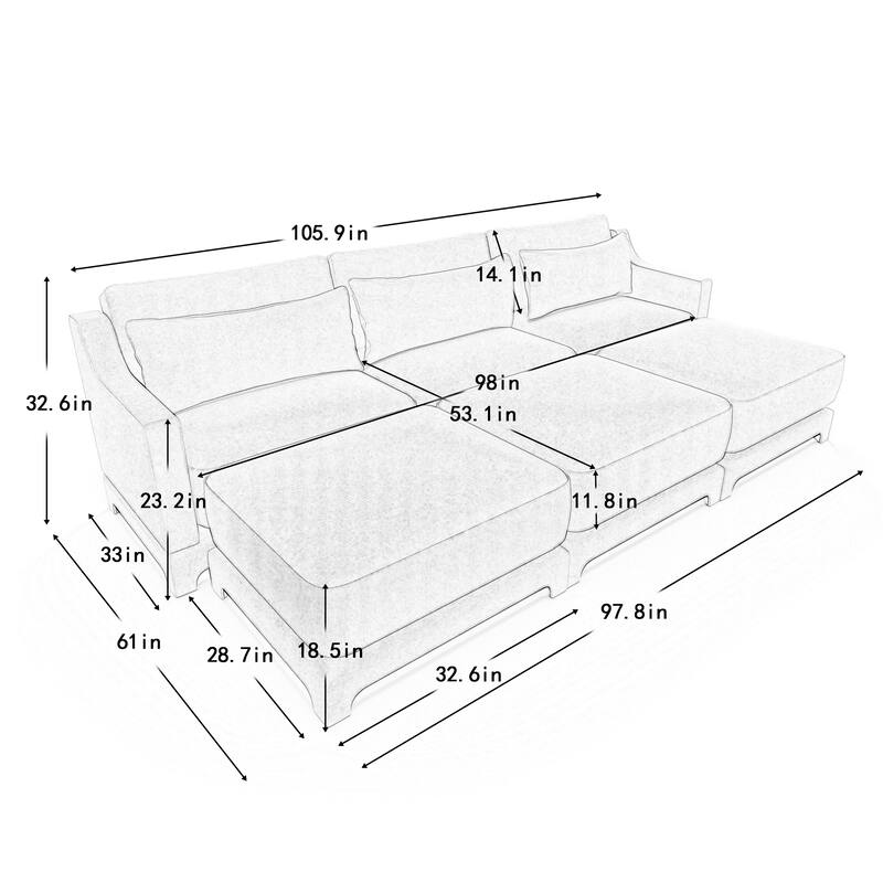 105.9" Chenille Ergonomic 3-Seater Sofa with 3 Movable Ottomans, Lumbar Pillow, and High-Resilience Sponge
