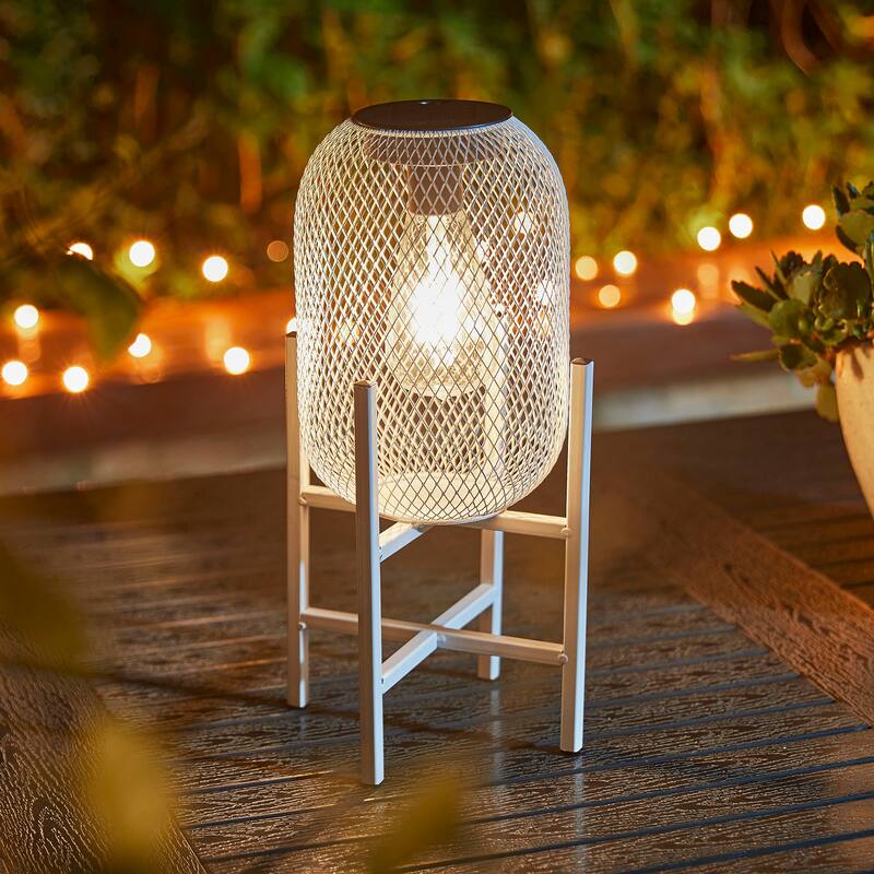Glitzhome 14"H White Metal Mesh Outdoor Solar Lantern with Stand