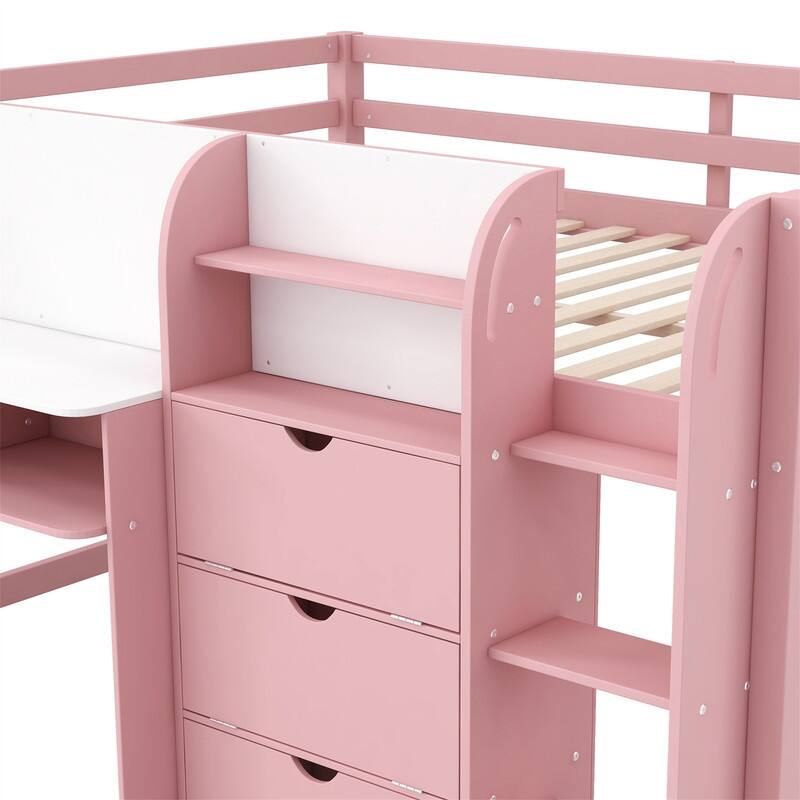 Full Size Low Loft Bed with Bulit-in Desk, Open Bookcase and Storage Cabinets, Wooden Kids Loft Bedframe w/ Graffiti Whiteboard
