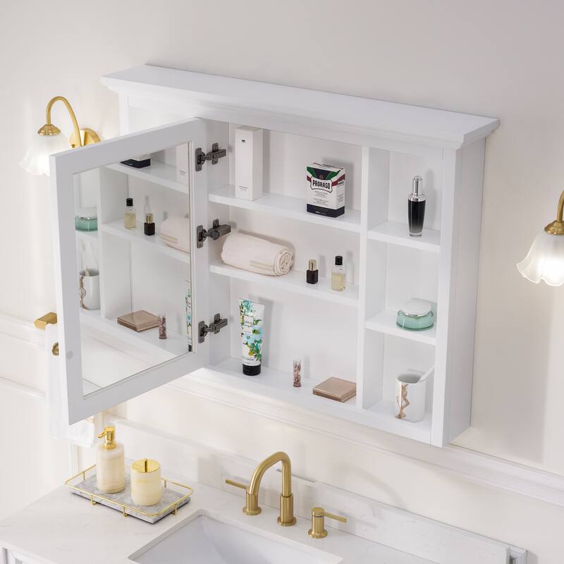 40"W X30"H Surface Mount Solid Wood Framed Medicine Cabinet With Mirror And Wooden Shelves